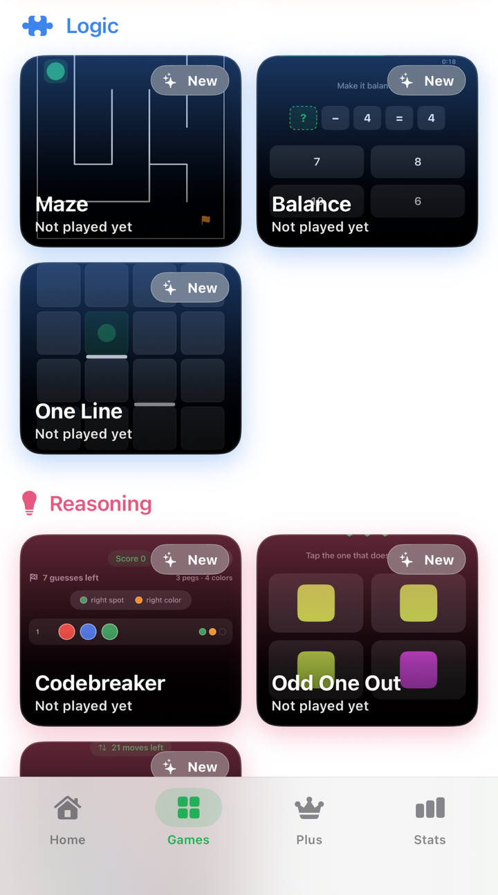 Logic and reasoning games in Neuroo including Maze, Balance and Codebreaker